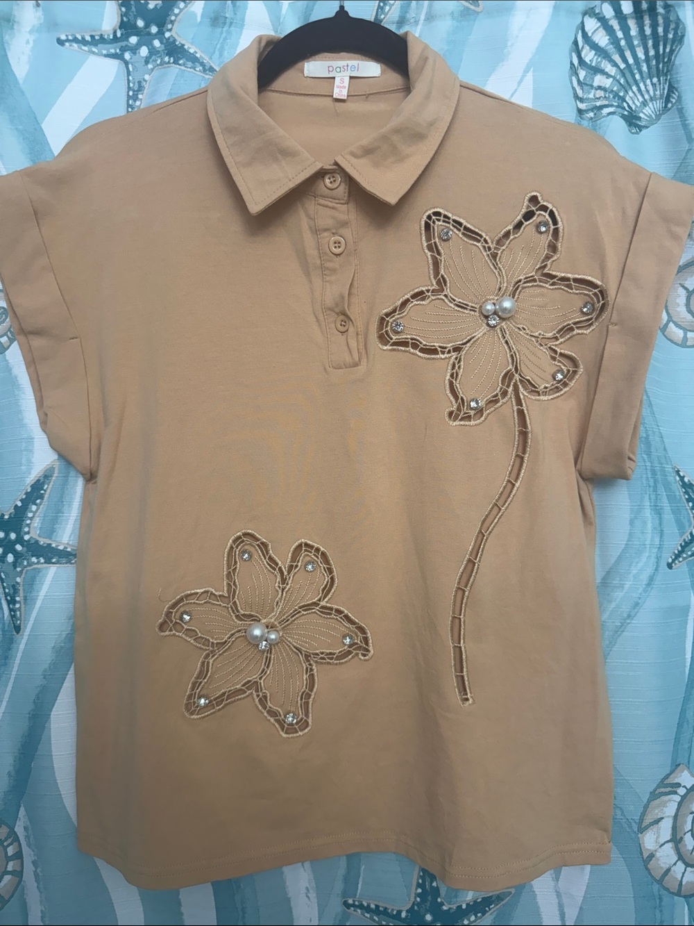 Pastels women's Tan Polo Top with Floral Pearl Accents